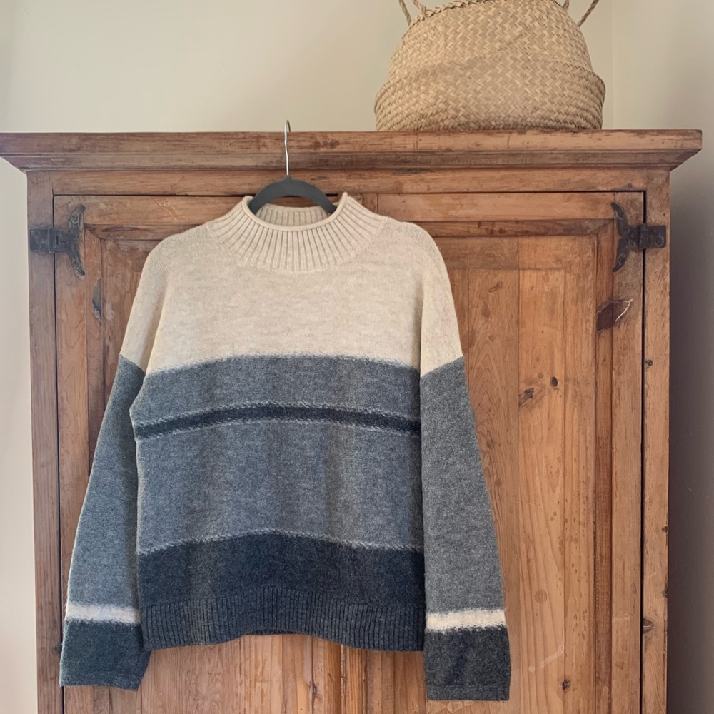 color block mock neck: cream & blue
